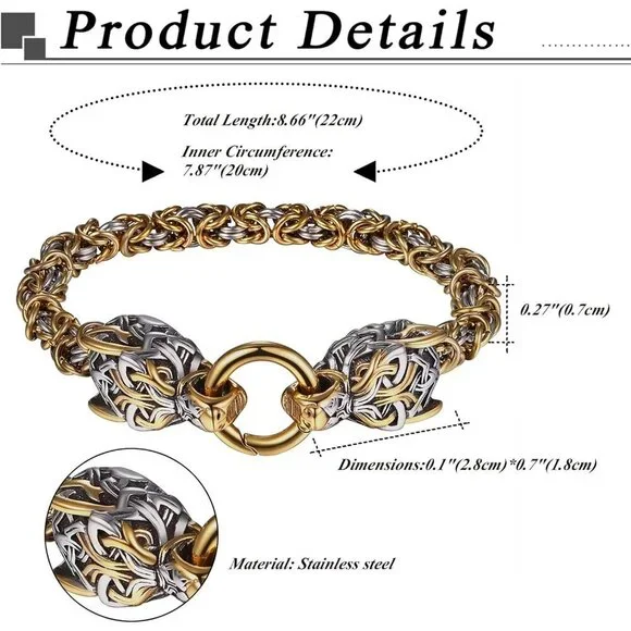 ⭐ OIDEA Mens Viking Wolf Head Bracelet Stainless Steel Gothic King Chain